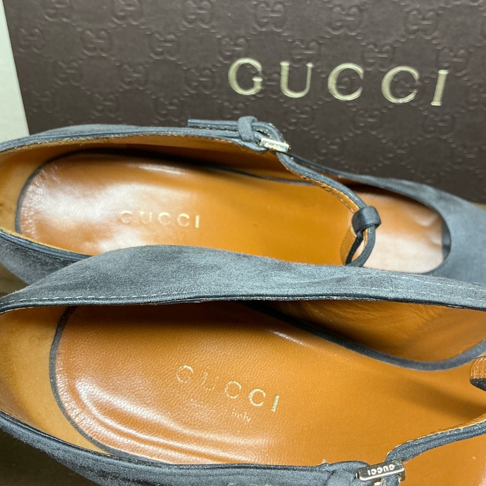 Gucci Betty Grey Suede Peep-Toe T-strap Platform Pump Womens Size 37.5 - Picture 7 of 14